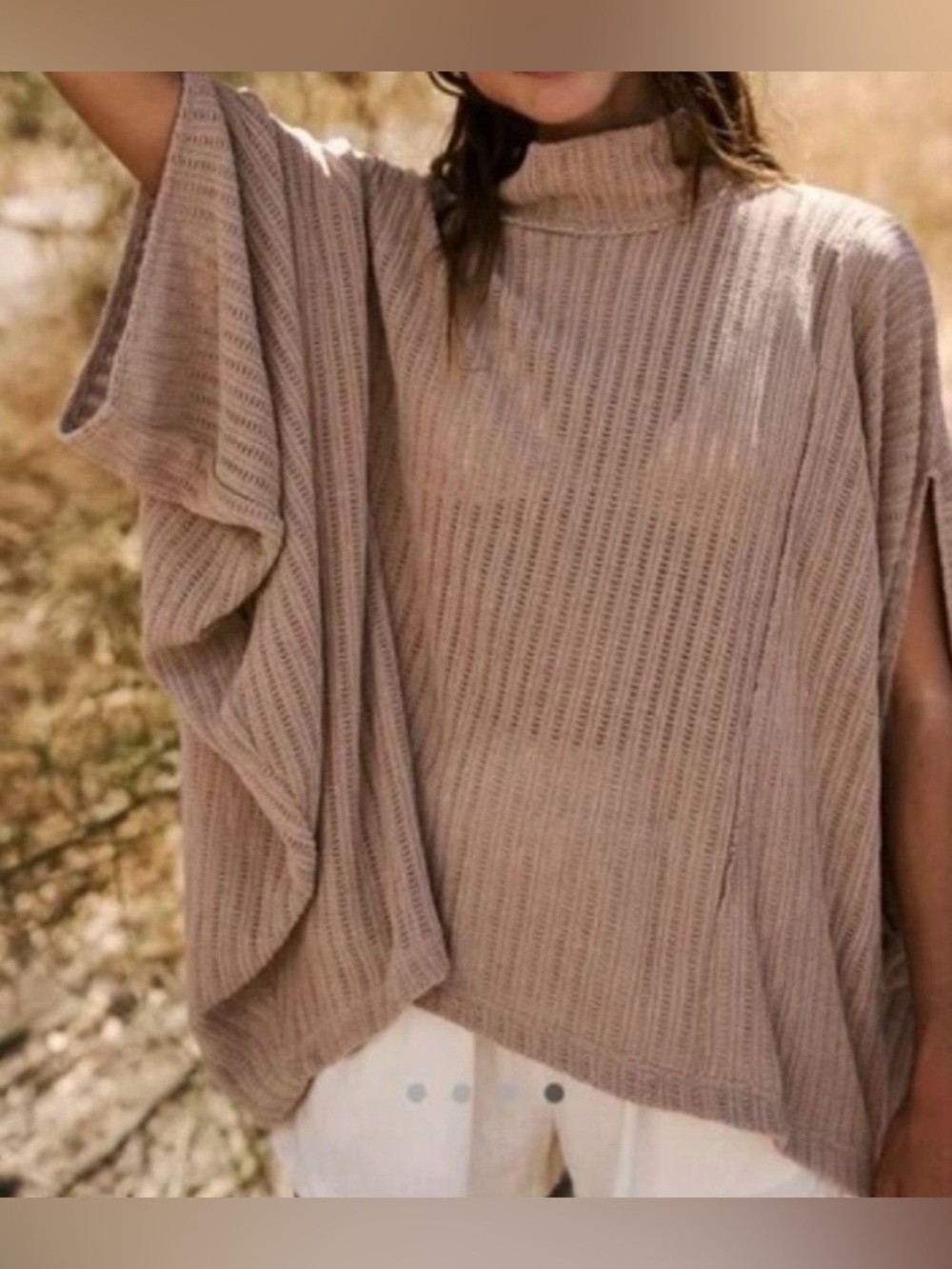 Free People Beach Tan Ribbed Loose Turtleneck Oversized Sweater - Size S